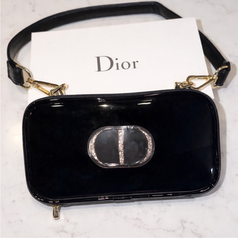 New Dior Upcycled Patent Cosmetic Bag Crossbody Black CD Logo Gold Hardware - Picture 2 of 12